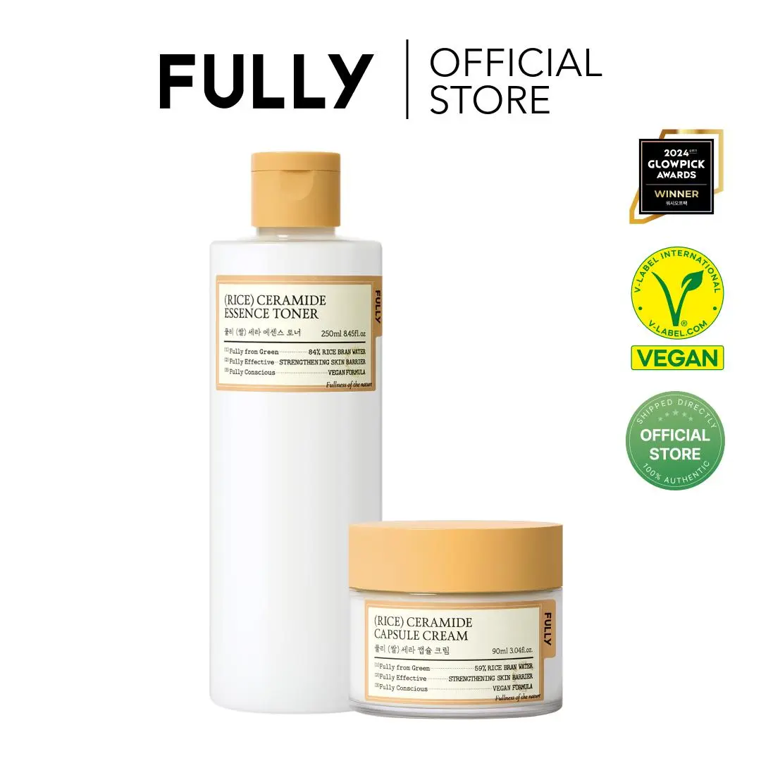 [FULLY Official Shop] Rice Ceramide Glowing Skin Routine Bundle | Toner 8.45 fl.oz + Cream 3.04 fl.oz | Daily Korean Skincare Kit for Hydration & Barrier Care with Vegan Rice PDRN