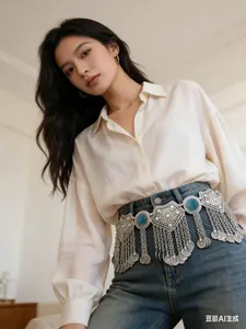 Boho Style Silver Color Acrylic Beaded Coin Fringe Belt Waistcoat Skirt Women's Jewelry, Vintage Bohemian Accessories