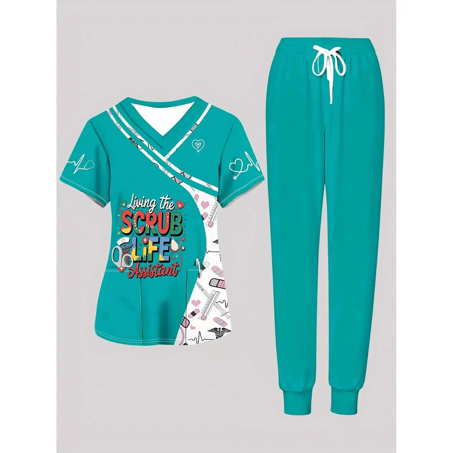 Living the Scrub Life Plus Size Women's Assistant Printed Scrubs Set with Stethoscope and Heart Design - Ideal for Nurses Day