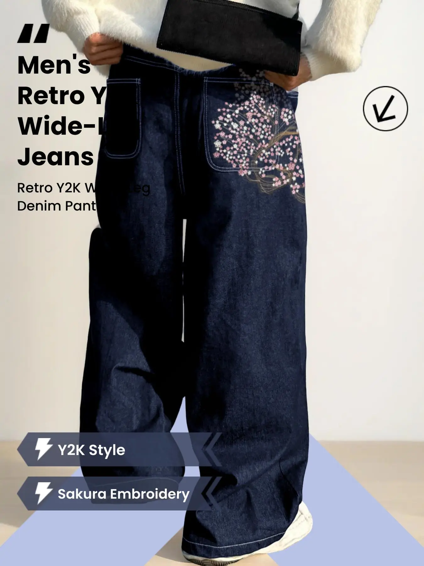 Men's Vintage Y2K Style Loose Wide Leg Denim Jeans, Floral Sakura