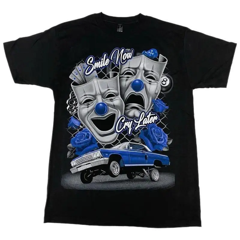 Blue Smile Now Cry Later Low Rider Old School T Shirt Menswear Cotton 100% Silk Screen Crewneck Streetwear Top - Tshirt, Man, Tropical Shortsleeve Casual Fitted Graphic