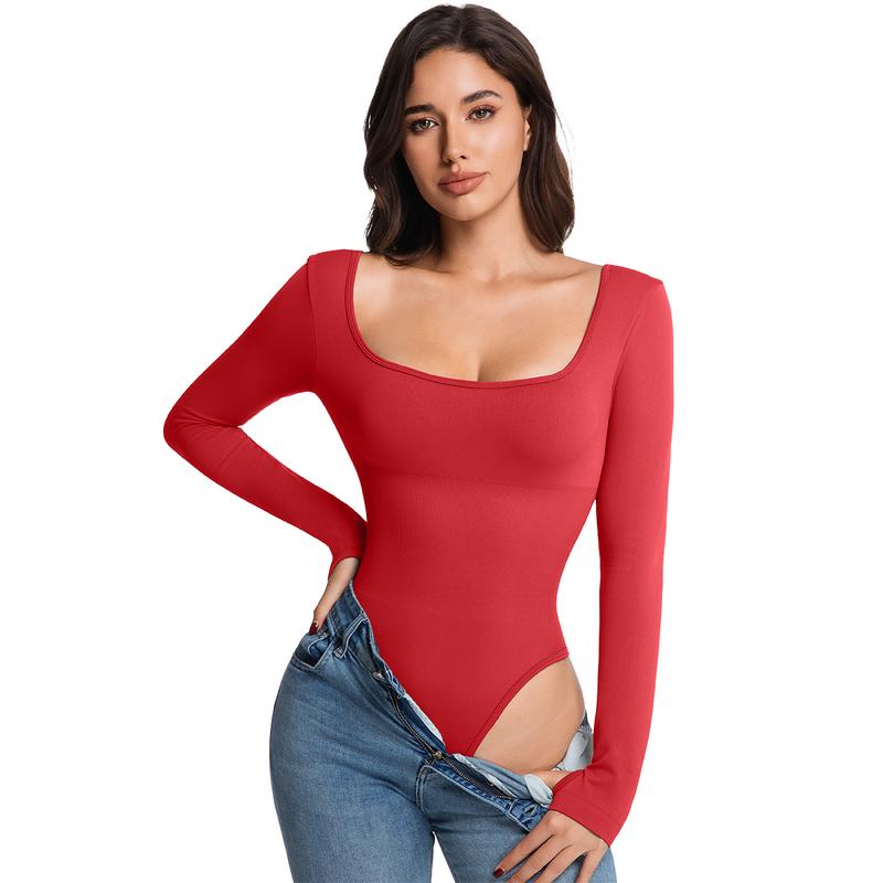 Women's bodysuit long-sleeved backless bodysuit women's top square neck T-shirt women's fashionable bodysuit outerwear mature and sexy style