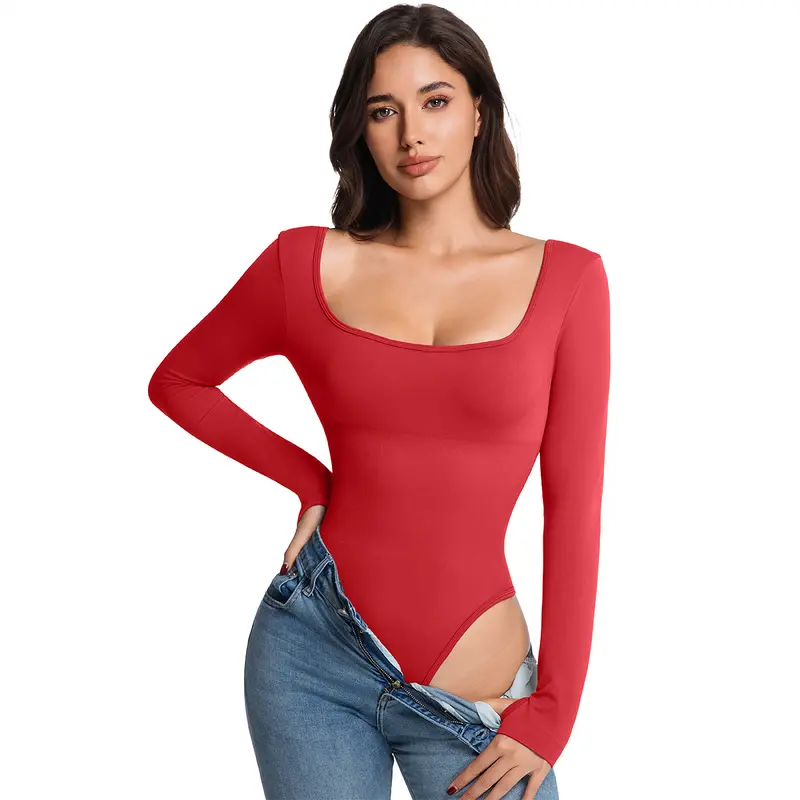 Women's bodysuit long-sleeved backless bodysuit women's top square neck T-shirt women's fashionable bodysuit outerwear mature and sexy style