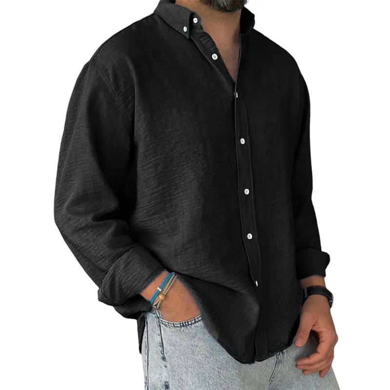 Men’s Classic Casual 100% Cotton Black Textured Long-Sleeve Shirt, Wrinkle-Free, Breathable, Buttoned Turn-Down Collar, Slim Fit, Dropped Shoulders, Relaxed Silhouette, 2-Way Wear, Suitable for Business, Vacations