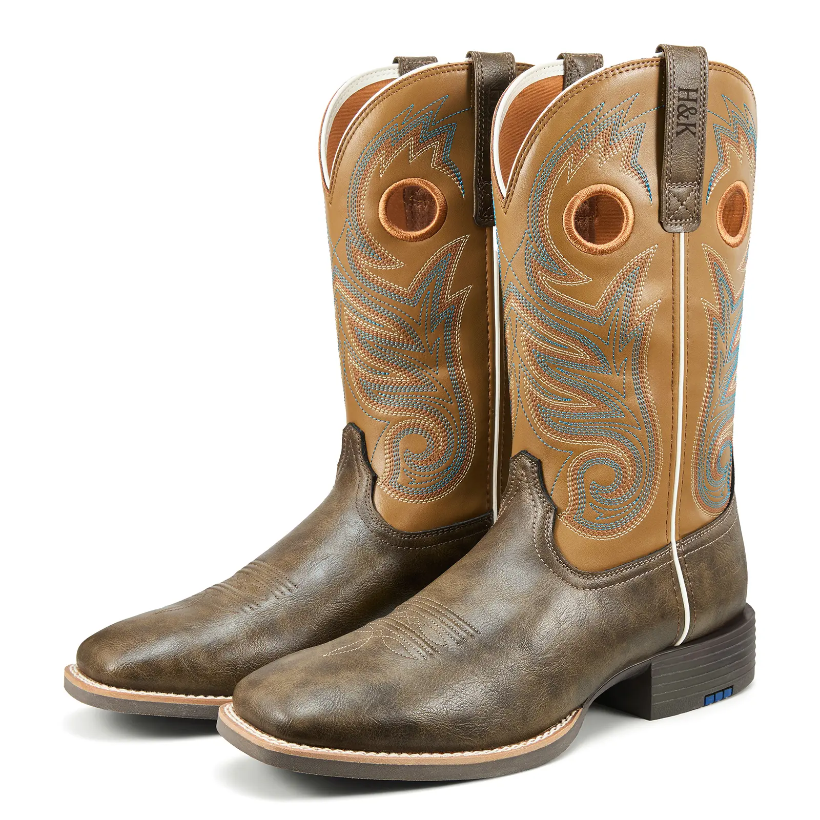 Palitutu light brown square-toe Western cowboy boots, featuring vintage stitched embroidery and a mid-calf shaft, with durable, non-slip rubber soles. #CowboyBoots #WesternStyle