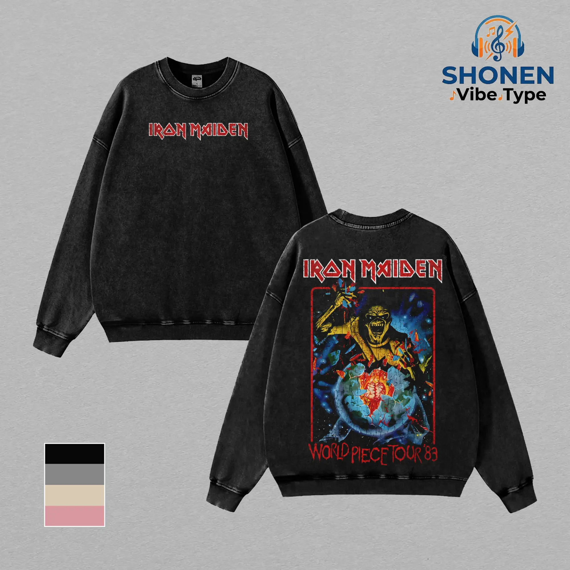 Iron Maiden World Piece Tour 83 Vintage Stone Wash T-Shirt, Hoodie & Sweatshirt, Oversized Heavyweight Sweater, Heavy Metal Streetwear Outfits, Plus Size Rock Band Merch