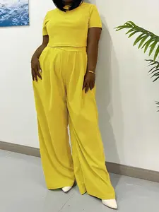 [Plus Size] Two-Piece Set Solid Crop Top & Wide Leg Pants Set, Casual Loose Baggy Comfy Two-piece Outfits for Daily Wear, Women's Clothing for All Seasons