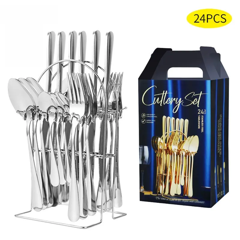 Stainless steel tableware set, Western knife and fork 24 piece set with hanging rack, home hotel set