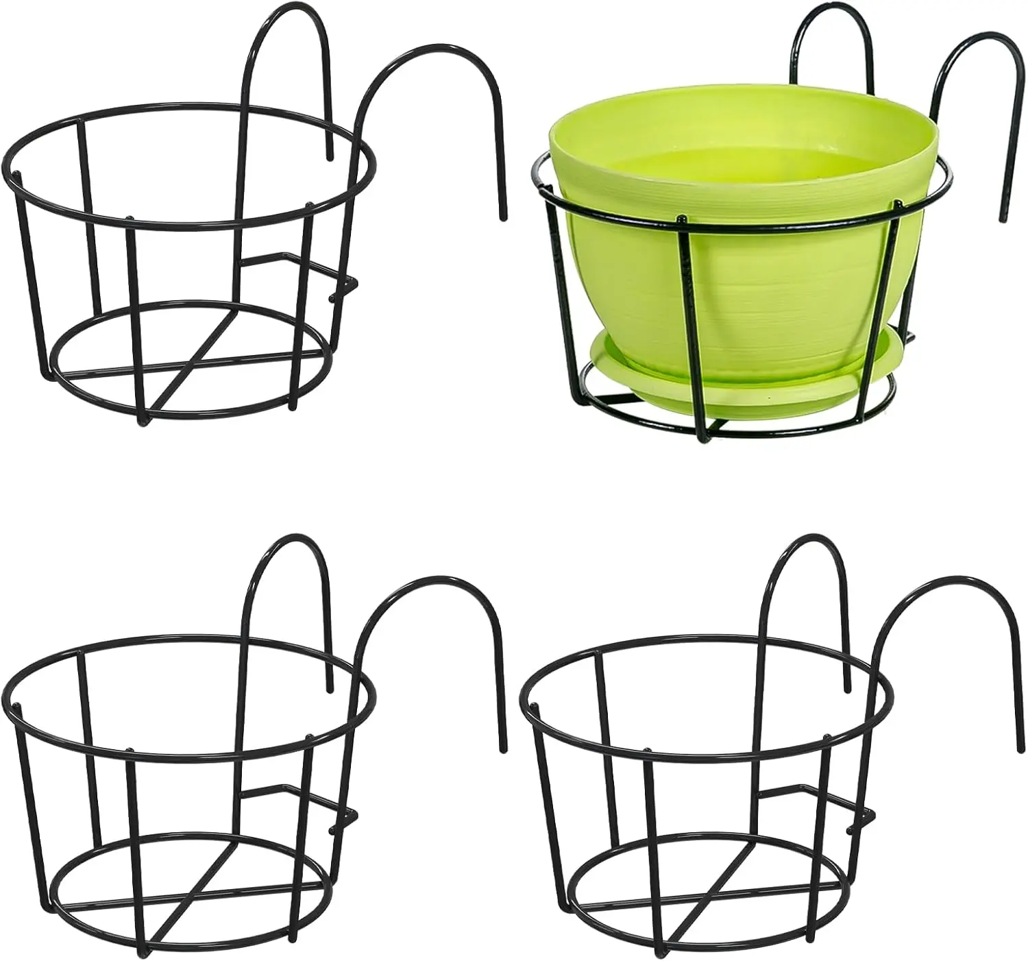 Metal Flower Pot Holders - 4-Pack Round Shape Hanging Fence/Deck Railing Planters, Rust-Proof Durable Construction, Enhances Small-Space Gardening, Black (Garden Pots & Planters)