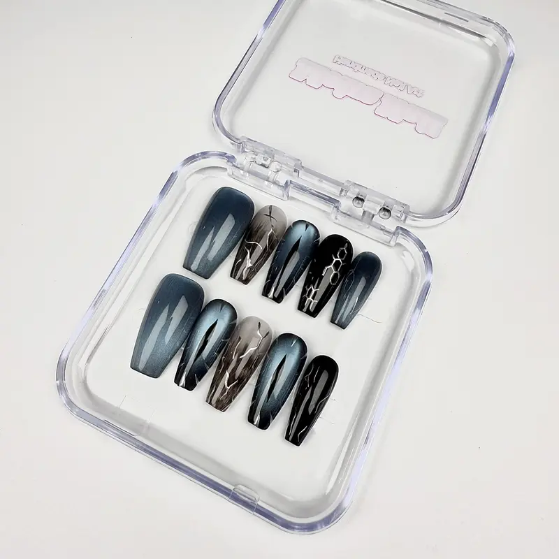 Midnight Blue Ombre Press On Nails – Long Coffin, Smoky Cat-Eye Effect & Marble Lines (Handmade, 10pcs)