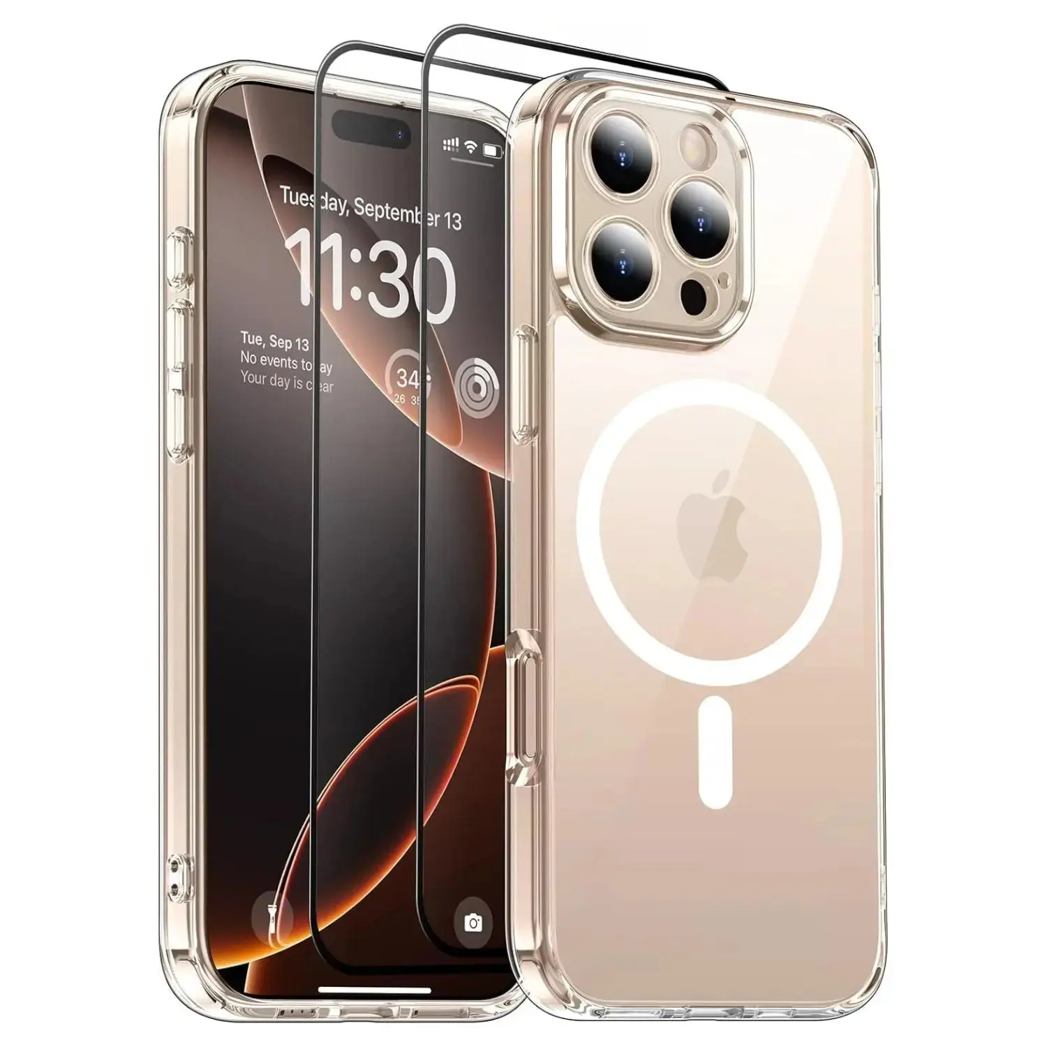 Entronix 3-in-1 Bundle for Apple iPhone 16 Pro Max, Magnetic Clear Case & 2 Clear Tempered Glass Screen Protectors Protective Cover Protection Casing