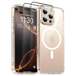 Entronix 3-in-1 Bundle for Apple iPhone 16 Pro, Magnetic Clear Case & 2 Clear Tempered Glass Screen Protectors Protective Cover Protection Casing