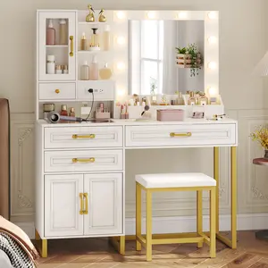 HAUOMS Makeup Vanity with Mirror and Lights & Stool, Glass Top Vanity Desk with Charging Station, 4 Stoarge Drawers & Double-Door Cabinet, for Girls Bedroom, Modern