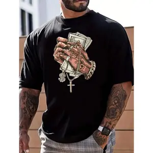 Fashion Men's Clothes, Men's Plus Size Hand & Bill Print Drop Shoulder Tee Tshirt, Hoodie, Gift For Summer Streetwear, Unisex Sweater Pullover Tee