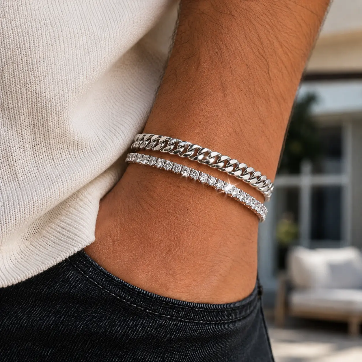 Silver Cuban Tennis Chain Bracelet for Men Women, 7.5/8.5 Inches Long Stainless Steel Hip Hop Jewelry