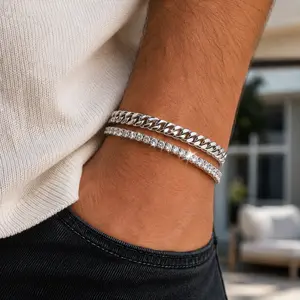 Silver Cuban Tennis Chain Bracelet for Men Women, 7.5/8.5 Inches Long Stainless Steel Hip Hop Jewelry