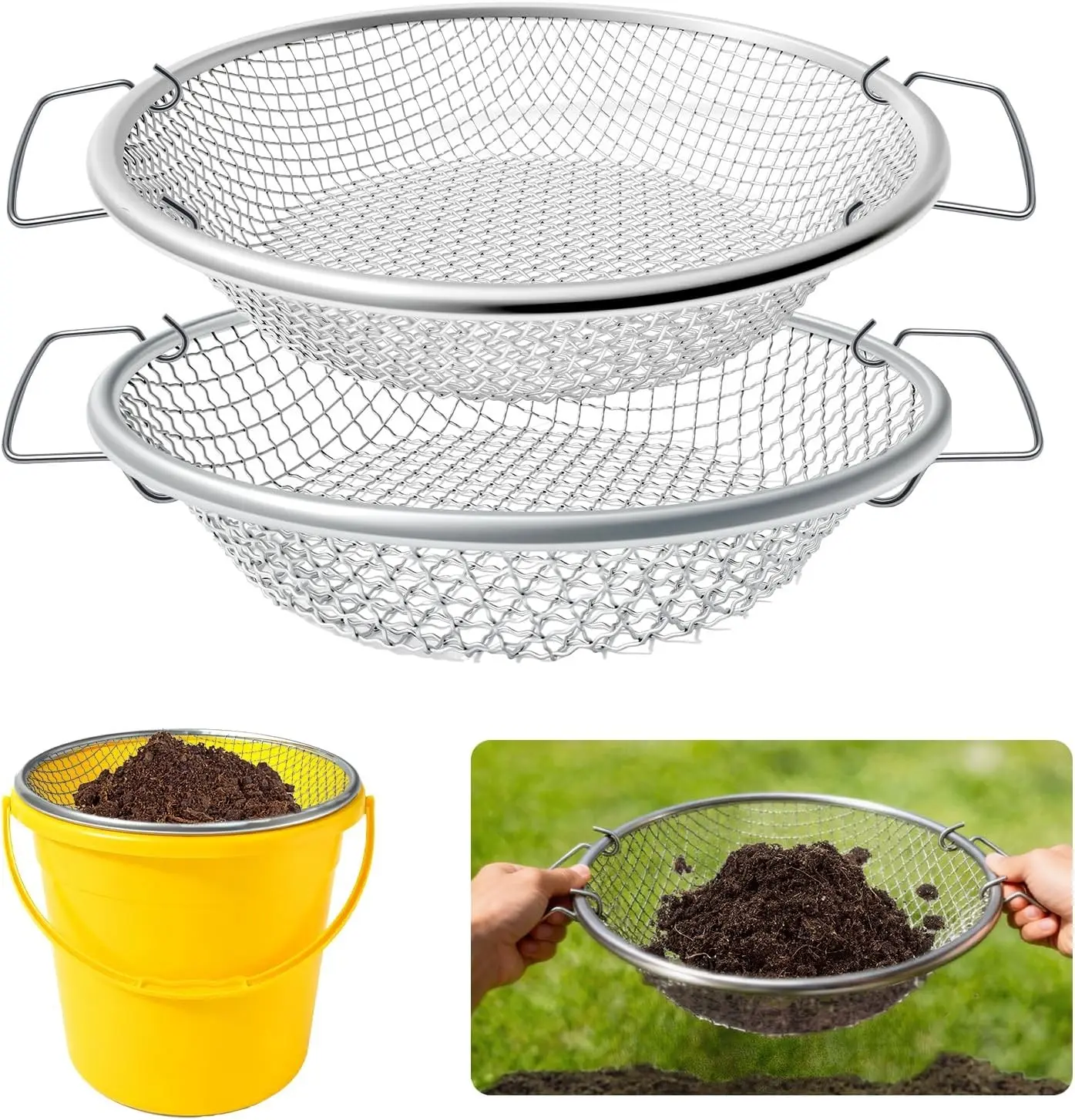 2PCS Soil Sifter for Gardening, 3mm + 6mm Mesh Compost Sifter with Detachable Handle for 5 Gallon Buckets Garden Sieve Sifters for Dirt Rocks Pellet Gravel Sand