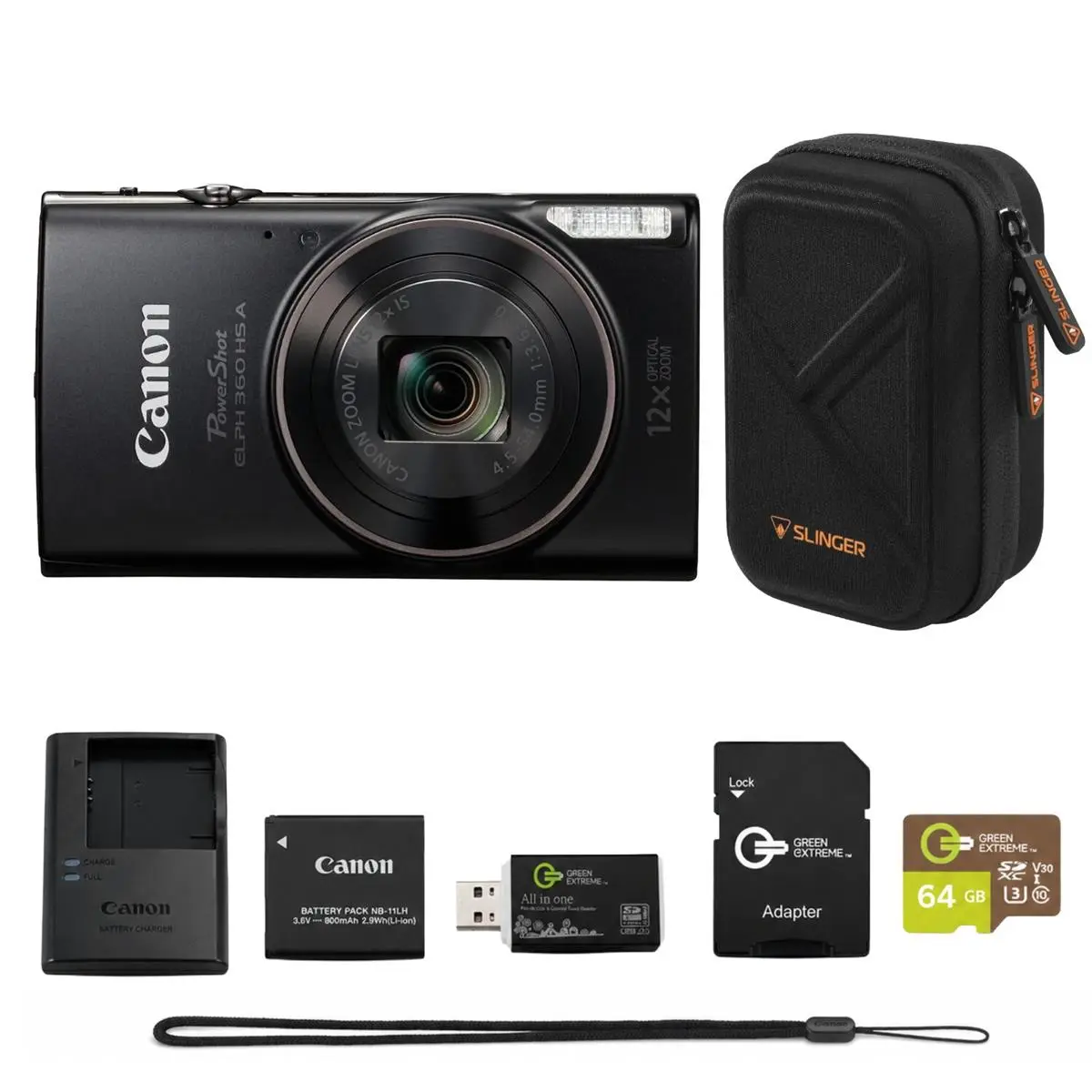 Canon PowerShot ELPH 360 HS Digital Camera Bundle with 64GB microSD Card, SD Adapter, USB Card Reader, Slinger Hardshell Camera Case, Battery & Charger