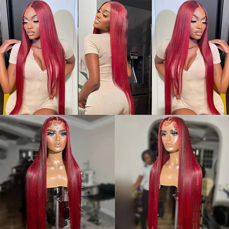 Red Highlight Balayage Color Straight 200% Density Lace Frontal Human Hair Wigs Burgundy and Red Highlight 13X6 HD Transparent Lace Pre Plucked Natural Hairline For Woman Ombre Human Hair Wigs