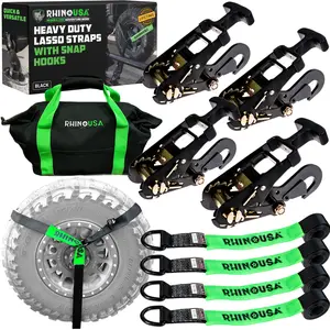 Rhino USA Car Tie Down Straps for Trailers with Snap Hooks (4-Pack) 10,000lb Break Strength Heavy Duty T-Handle Car Hauler Tire Straps