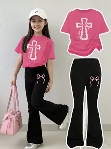 Girls' Bowknot Print Casual Set, 2-Piece Girl T-Shirt & Tight Bell-Bottom Pants, Comfortable Elastic Waist, Spring Summer, Casual Fashion Set