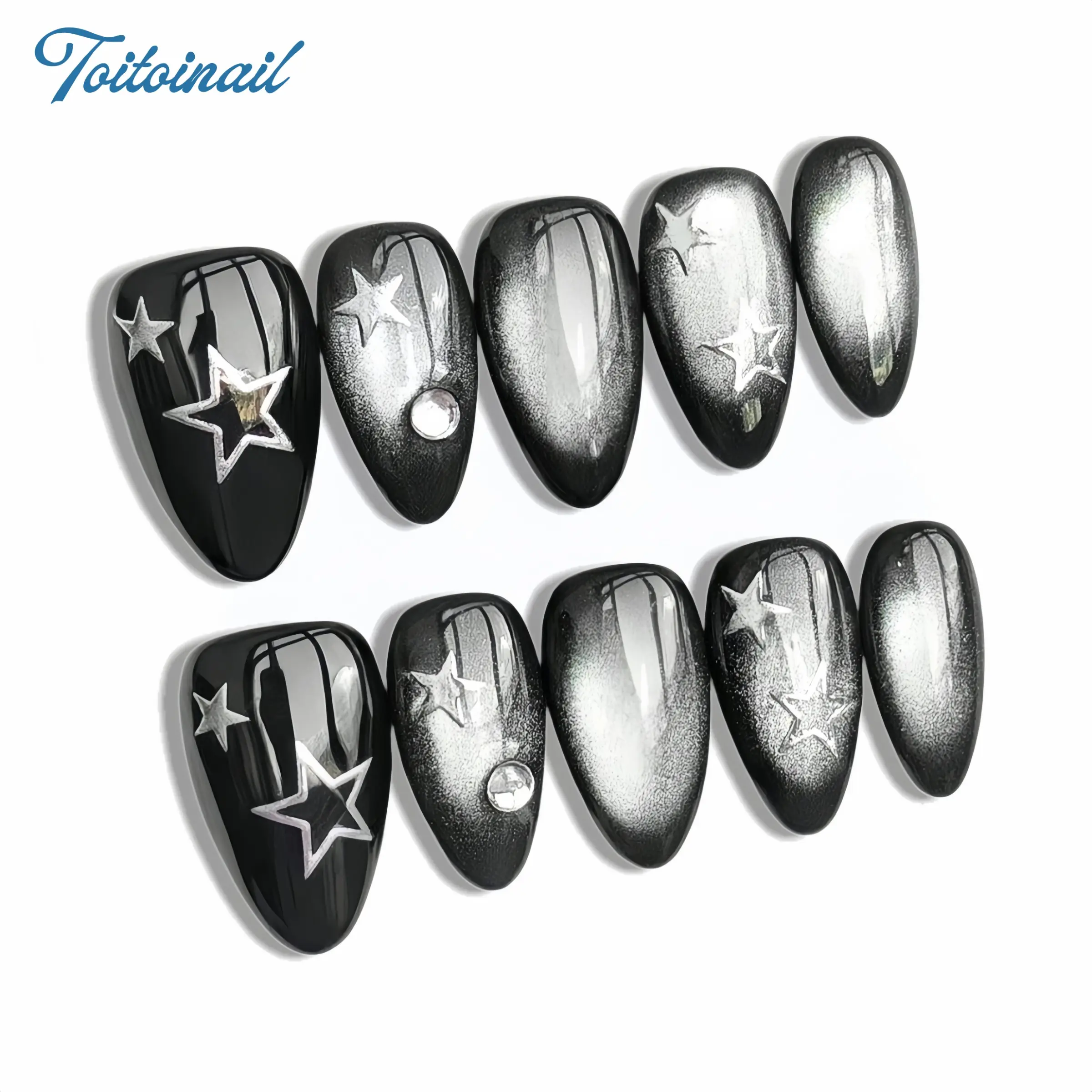Black hollow star, 10 PCS Short Almond Handmade Press On Nails, Black Silver Star Personality Press On Nails, High Glossy Base, Silver Star Decorative Design, Gradient Shiny Details, Street Style False Nail Set, Western Glitter, Glittering Fake Nails