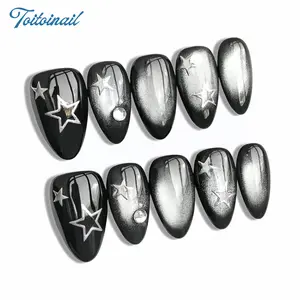 Black hollow star|10 PCS Short Almond Pure Handmade Press On Nails, Black Silver Star Personality Press On Nails, High Glossy Base, Silver Star Decorative Design, Gradient Shiny Details, Street Style Nail Set, Western Glitter