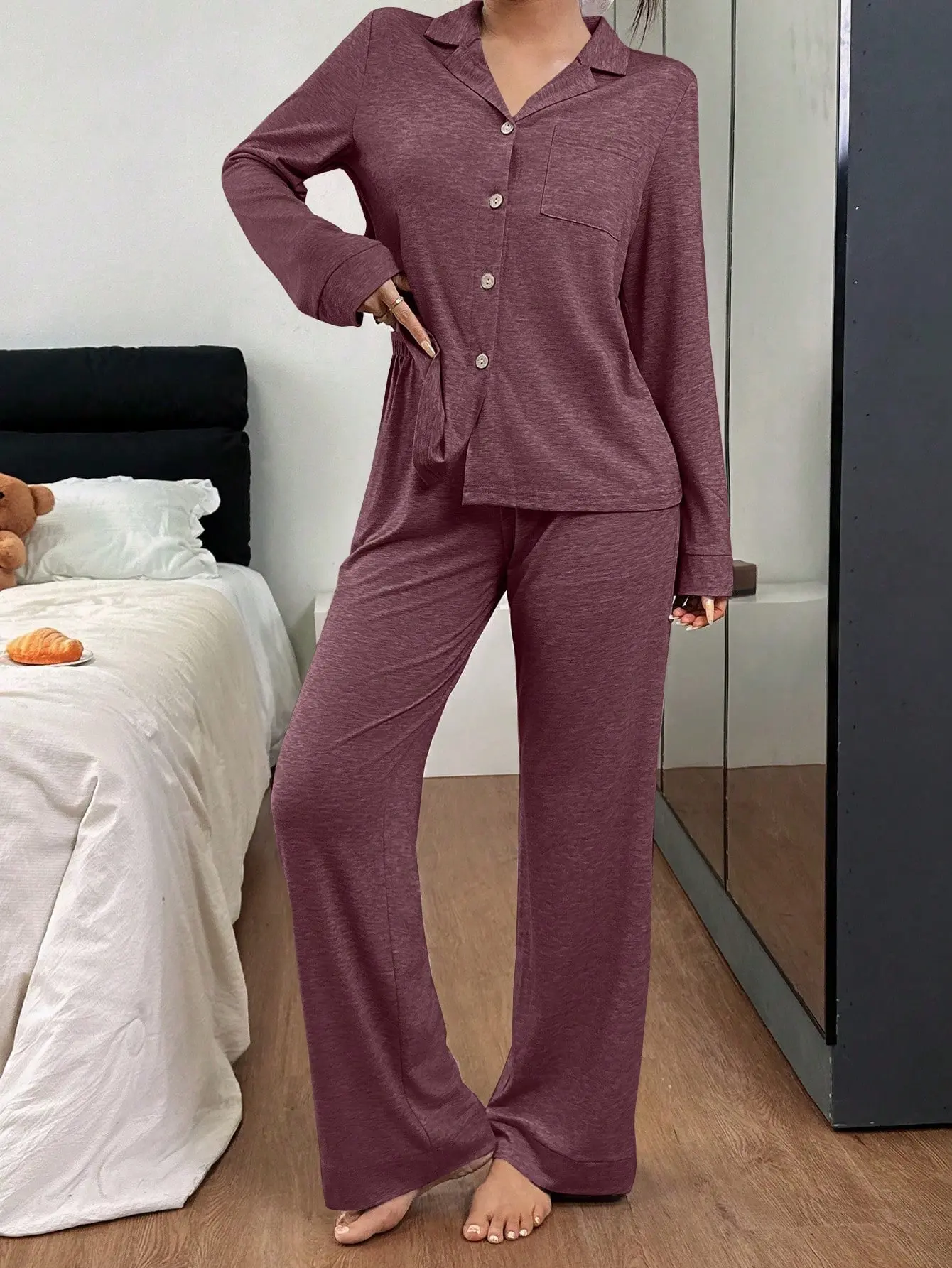 LALUZ Long Sleeve Women's Loose Comfortable Knit Collar Grey Pajama Set 2 Piece Sleepwear Loungewear Soft Cozy