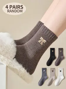 2/4 Pairs Women's Bow Embroidery Mid-Calf Socks, Exquisite Embroidered Design, Soft & Breathable, Fashionable Socks for All Seasons, Sweet Casual Style