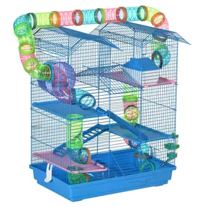 PawHut 18.5" 5 Tier Hamster Cage with Tubes and Tunnels, Small Animal Cage, Rat Gerbil Cage with Water Bottle, Food Dish, Exercise Wheel, Blue