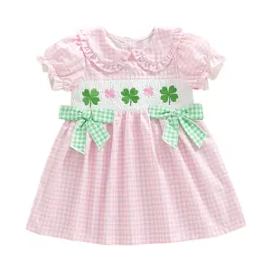 FOCUSNORM Kids Toddler Baby Girls St Patricks Day Outfit Puff Sleeve Doll Collar Dress Shamrock Bow Plaid Smocked Dresses
