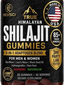 Himalayan Natural Shilajit Gummies for Men - Made in USA, True Gold Pure Formula with Ashwagandha, Sea Moss, Vegan Energy & Focus Support, 60 Count