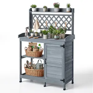 【Summervibes】VEVOR Potting Bench Table, Outdoor Gardening Wooden Workstation with Storage Cabinet, Storage Shelves, 43 x 18 in Wood Tabletop, Garden Planting Work Station for Patio, Backyard, Balcony, Gray