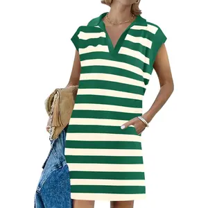 Imily Bela Womens Striped Summer Mini Dress Casual Cap Sleeve Polo V Neck T Shirt Dresses with Pockets S-2XL