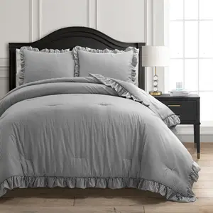 Lush Decor Farmhouse Stripe Reyna Ruffle Reversible Comforter 3 Piece Set - Soft Plush Feel, Classic Stripe Print, Ruffle Detail, Full/Queen & King/California King Sizes