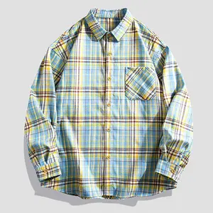 Men's Blue Yellow Checkered Loose Shirt - Featuring a collar design, buttoned front closure, chest pocket, casual and trendy top perfect for everyday wear and layering outfits