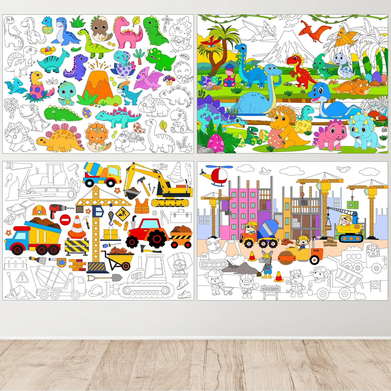 4 Pack Giant Coloring Posters - Dinosaur & Construction Theme Jumbo Coloring Tablecloth for Kids | Table & Wall Coloring Sheets, Class Home Craft Activities, Party Favors, Decorations & Kids Gifts