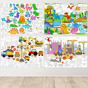 4 Pack Giant Coloring Posters - Dinosaur & Construction Theme Jumbo Coloring Tablecloth for Kids | Table & Wall Coloring Sheets, Class Home Craft Activities, Party Favors, Decorations & Kids Gifts