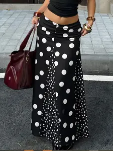 Women Black Polka Dot Maxi Skirt High Waist A Line Long Skirt Bohemian Vintage Elegant Flowing Summer Beach Vacation Skirt Casual Streetwear Fashion Holiday Party Skirt Slim Fit Flared Long Skirt for Date Night Resort Outfit