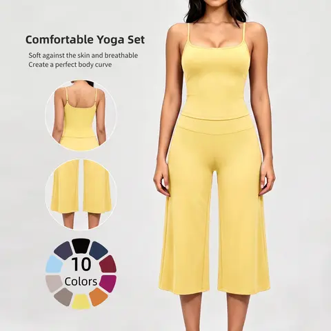 Women 2 Piece Yoga Outfit Set, Sleeveless Yoga Tank Top & High Waist Mid-Length Quick Dry Athletic Pants, Comfort Stylish Activewear for Running Outdoor Sports