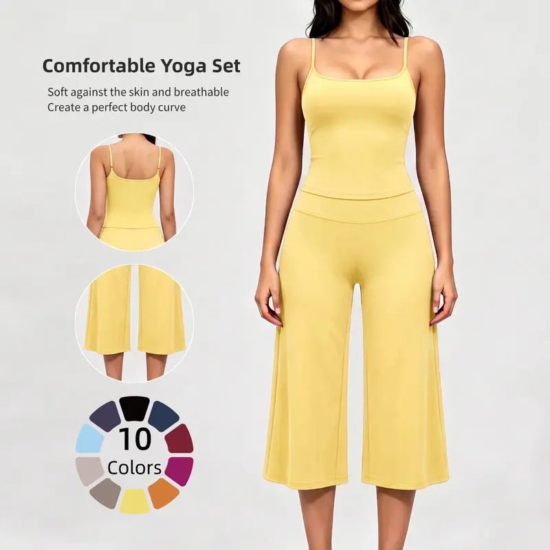 Women 2 Piece Yoga Outfit Set, Sleeveless Yoga Tank Top & High Waist Mid-Length Quick Dry Athletic Pants, Comfort Stylish Activewear for Running Outdoor Sports