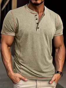Men's Plain Muscle Slim Fitted Henley Shirts Crewneck Longline T-Shirt Gym Workout Athletic Shirt Tees with Button Menswear Casual Tops,Men's Classic Streetwear Clothing for Daily Wear,Fall Fashion Outfits 2026