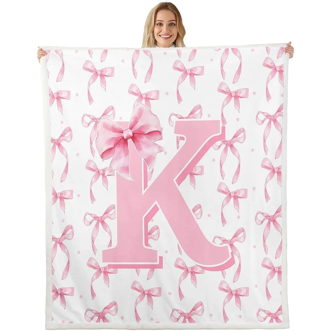 Cute Pink Bow Blankets Initial Letter K Blanket Throw,Pink Coquette Bow Knot Fleece Blanket,Personalized Monogram Bows Sherpa Fuzzy Throw Bedroom Room Decor