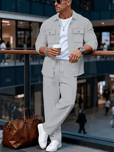 New Cross-Border Men's Casual Gingham Plain Work Jacket Collar Top Long Pants Long Sleeve Two-Piece Set, Spring & Fall Slim-Fit Suit