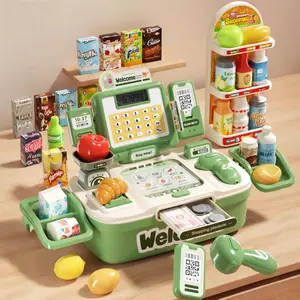 Simulation Cash Register Toy, Supermarket Cash Register Toy with Scanner & Coin & Bank Card & Food, Pretend Play Toy for Kids