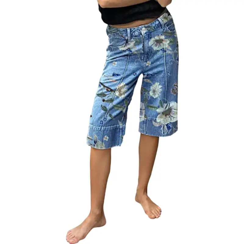 Flamingals Floral Print Seam Front High Waist Denim Bermuda Shorts Stretchy 15.0'' Inseam
