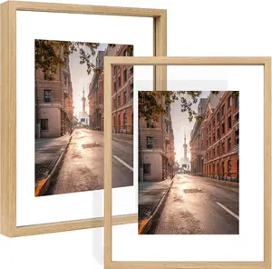 11x14 Floating Picture Frame Set of 2, Double Glass Photo Frame Wooden Frame for Wall Mount or Tabletop Displays for 8x10, 9x12 inch Pictures, Plane Edge Frames,