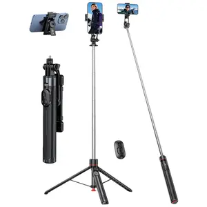 Adjustable Foldable Aluminium Alloy Selfie Stick Tripod Stand, 52" Extendable for iPhone 15/14/13 & Android Smartphones, Detachable Remote, Portable Clip, Non-slip Silicone Pads, Compact Mobile Accessory for Photography