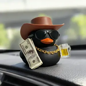 1pc Cool Cowboy Black Duck Car Dashboard Ornament, Car Interior Accessory, Funny Western Rubber Duck with Beer & Money, Perfect Car Accessory Gift for Men