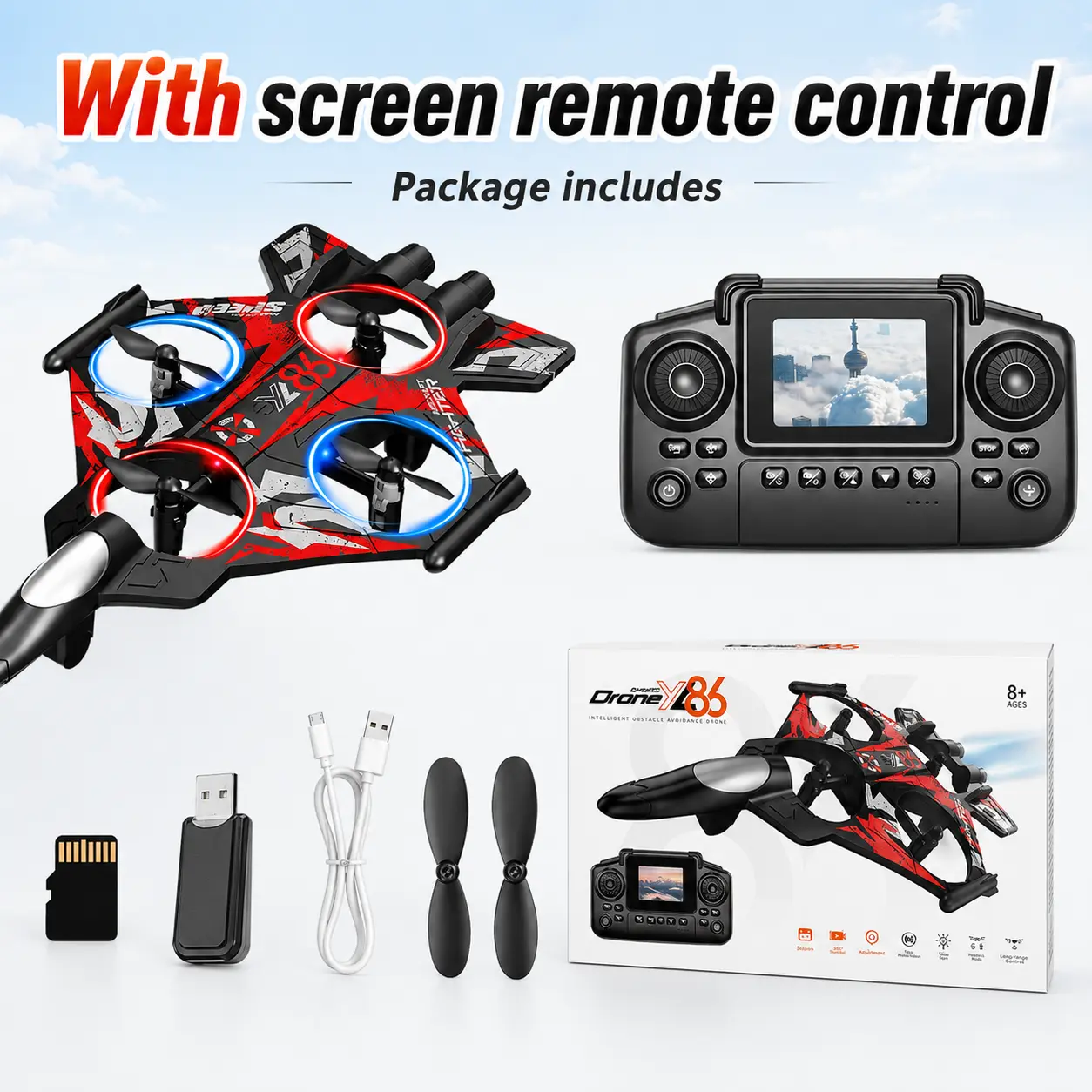 Unisex Kids RC Flying Plane Toy - Durable EVA Foam, Wireless Remote Control Airplane, LED Display Remote Controller, Multiple Flight Modes, Adjustable Speed, 360° Stunt Rotation, Rechargeable Battery, LED Lights, Auto Return, Ages 6+, Outdoor Gift